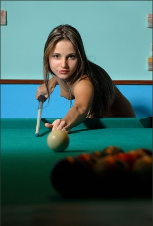 Smoking hot amateur babe loves playing pool butt naked late night