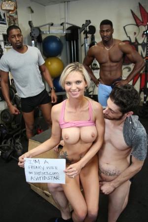 Busty blonde fucks 2 black men while her cuckold has to watch
