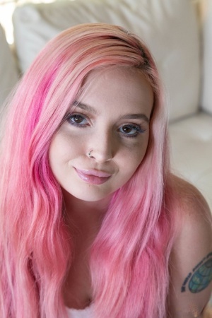 Cute girl with pink hair and pierced nipples pleasures a cock in POV mode