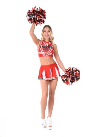 Blonde cheerleader Angelika Grays fingers her pussy after doffing her uniform