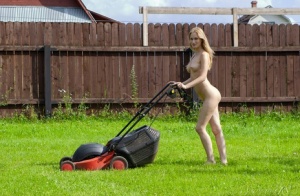Tall 18-year-old Leona mows the lawn and picks tomatoes in her birthday suit
