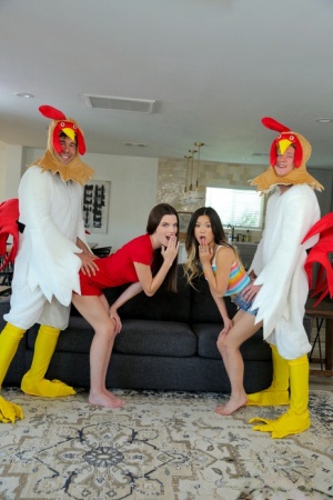 Fiona Frost and Lulu Chu get on top of men wearing chicken costumes