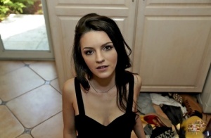 Young brunette girlfriend Kacey Quinn flashing no panty pussy in black nylons