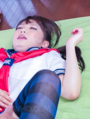 Japanese schoolgirl Yuri Sakurai has sex while wearing striped thigh highs 35568084