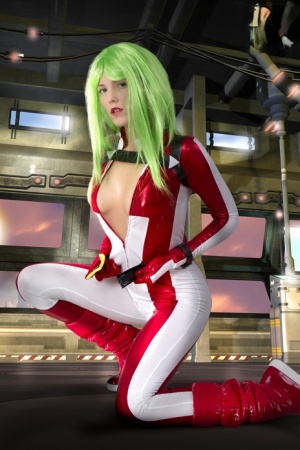 Cosplayer sports green hair while releasing her perky tits from her outfit