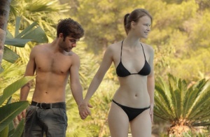 Sexy girlfriend in bikini Beatrice fucks her boyfriend & his buddy outdoors 97836708