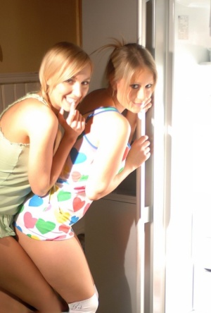 Blond chick Hayley Marie Coppin and her lesbian lover raid the fridge in socks 39511377