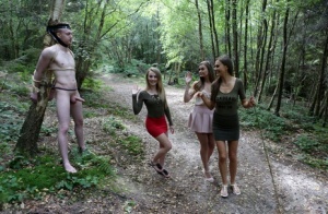College girls find a man tied to a tree in the woods and suck his naked dick 31178995