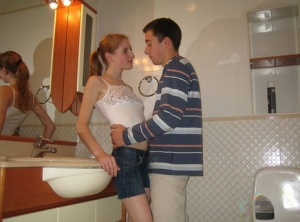 Horny teen couple opt for quickie sex while in the bathroom