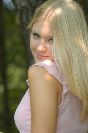 Charming blonde teen Tiffany hikes skirt over cotton panties in the forest 52264767