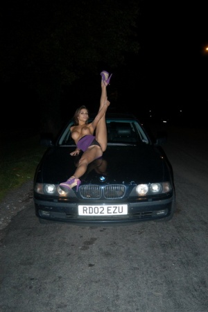 Long legged UK chick exposes her boobs on bonnet of car at night 44825859