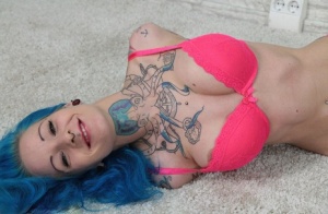 Tatted chick with blue hair is left hogtied in heels and her underwear