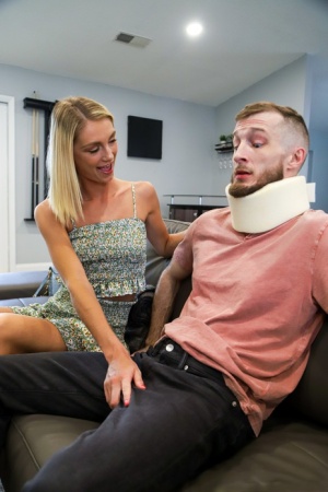 UK blonde Payton Avery seduces a man while hes wearing a neck brace