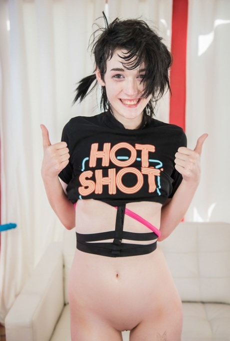Skinny suicide girl Ivy Aura playfully strips naked in pigtails and cute socks 73251918