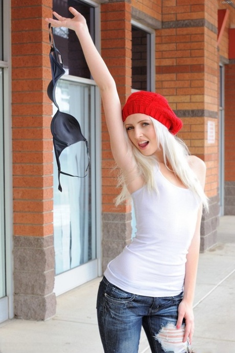 Platinum blonde teen gets naked while wearing a knitted red beret 68078185