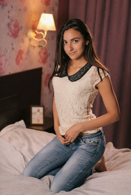 Horny Cira Nerri strips jeans & t-shirt to expose her tin tits & rub her clit 36453016