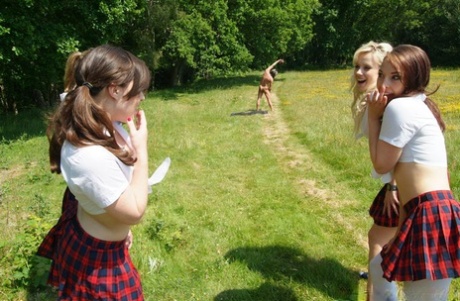 Group of schoolgirls find nude guy doing Tai Chi in woods and jerk him off