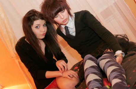 18-year-old emo girls Kaira 18 and Kate share a lesbian kiss on a bed 42015852