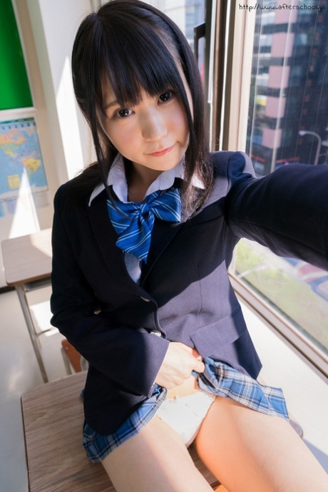 Japanese student slides her upskirt panties aside while taking self shots 81379522