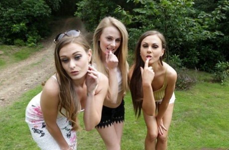 Three hotties please a horny voyeur by the side of a private lake 24012229