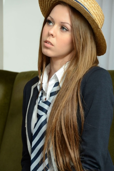 Long haired student Roxy Payne takes off her uniform to stand naked in a hat 39873289