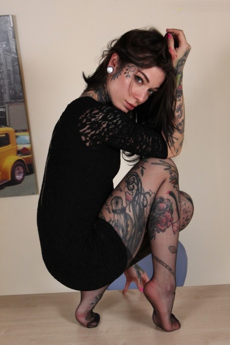 Hot tattooed secretary doffs her glasses & models sexy legs in black pantyhose 55519543