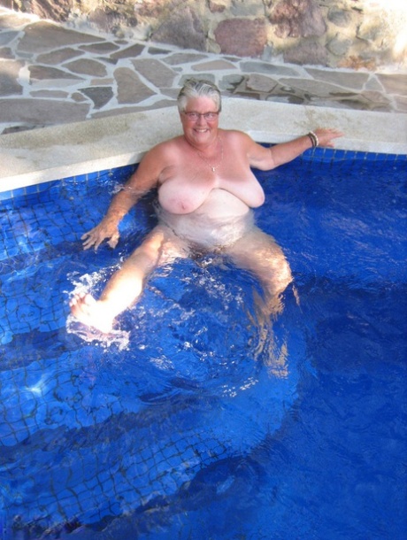 Fat nan Girdle Goddess goes for a skinny dip in a backyard pool 88483597
