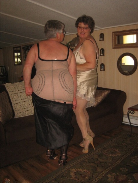 Old women strip down to matching girdles before baring floppy tits and beavers 15456652