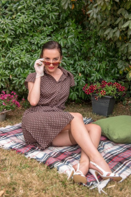 Older model Sophia Smith posing outdoors topless in vintage panties & garter 46482101