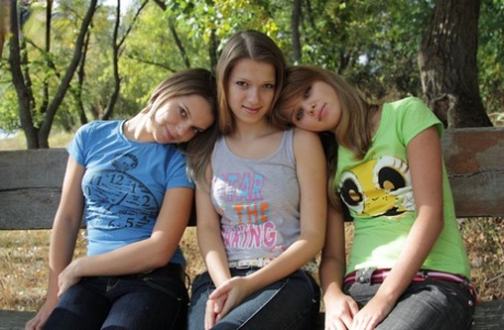 Three young looking girls gets naked on a wooden bench in the countryside 11023364