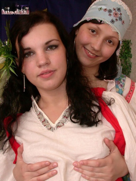 Lesbian girls wear folk costumes while appeasing twats with fruits and veggies 75675684