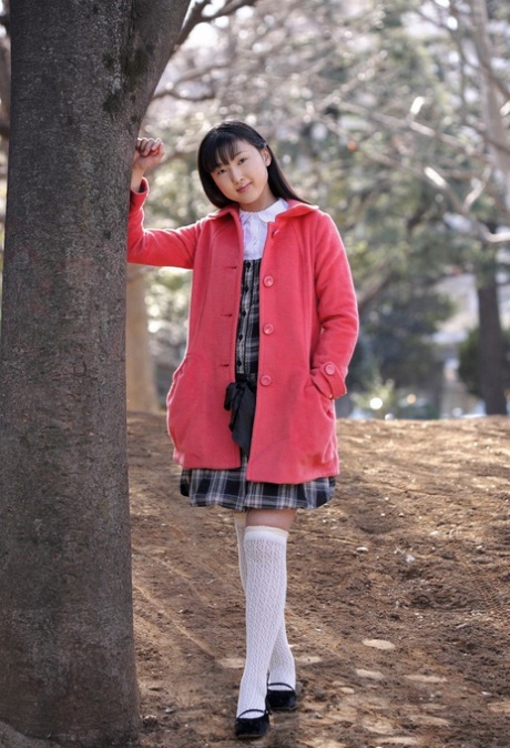 Young looking Japanese schoolgirl Youko Sasaoka goes naked in white OTK socks 51039814