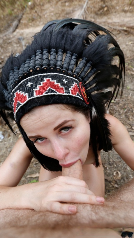 Naked gf Cassie Fire wears a headdress during a POV blowjob in the woods 46388941