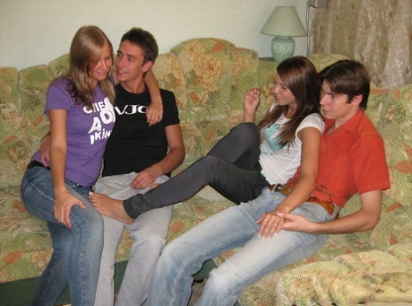 Teen girls and their boyfriends divest themselves of jeans before a foursome