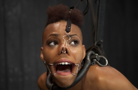 Ebony submissive is put into suspension bondage before being tortured 98941551