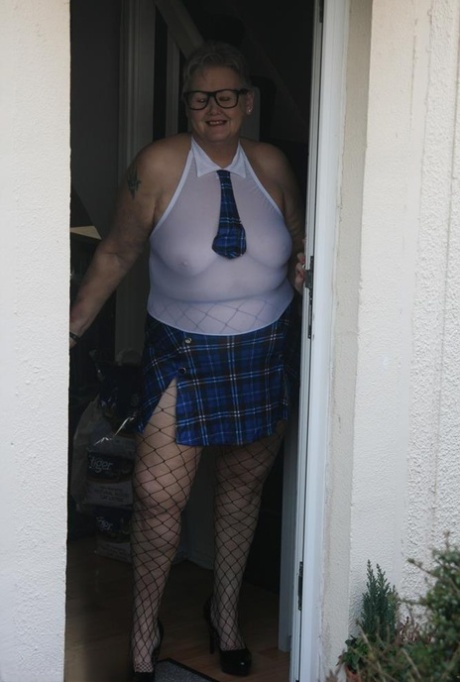 Fat granny Valgasmic Exposed steps outside in slutty schoolgirl clothing 18967096