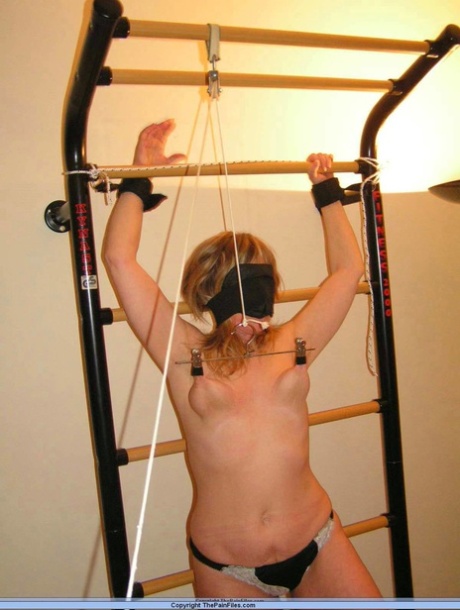 Female submissive has her nipples tortured while blindfolded and restrained 83989714