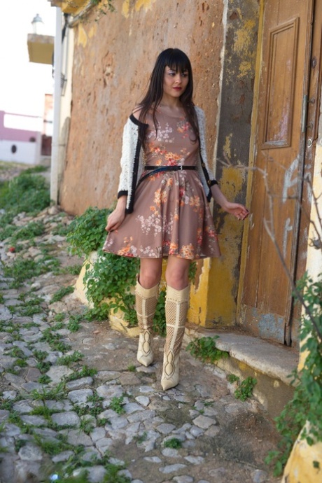 Asian model Sophia Jade flashes her upskirt panties on a cobblestone street 28804865