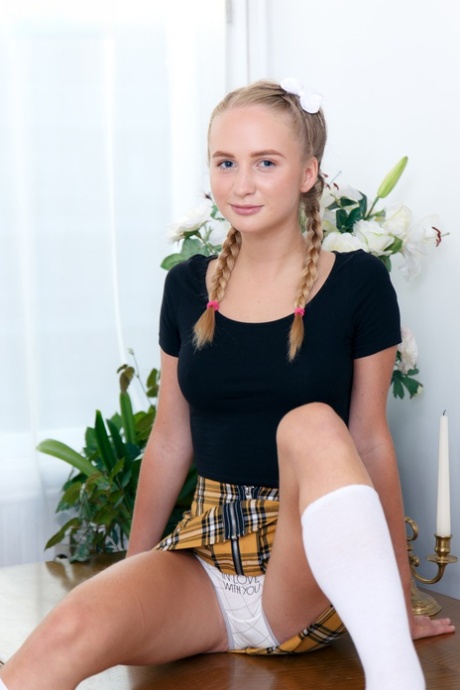 Young looking girl exposes her tan lined body in white schoolgirl socks 33184462