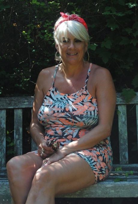 Short haired older lady Dimonty flashes no panty upskirts while out in public 84814210