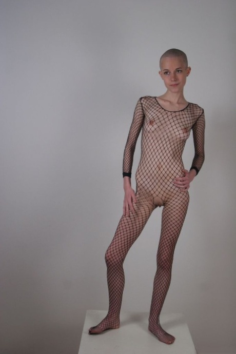 Solo model with a shaved head poses in a fishnet bodystocking 86346064