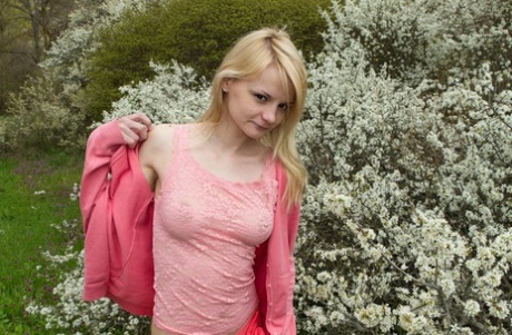 Skinny teen Kira S proudly parts her hairy pussy on a walk in countryside 71655836