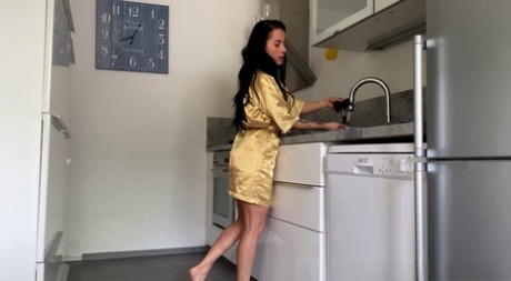 Horny brunette Lexi Dona masturbates with kitchen implements on a counter 91996422