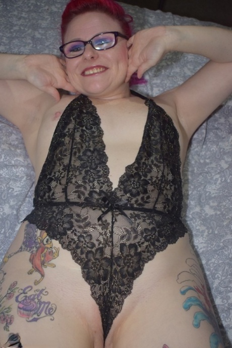 Tattooed amateur Mollie Foxxx models black lingerie with her glasses on 17401195