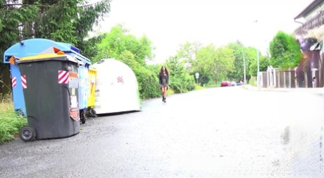 Short taken girl Ali Bordeaux squats for a piss on a road by refuse containers 62308946