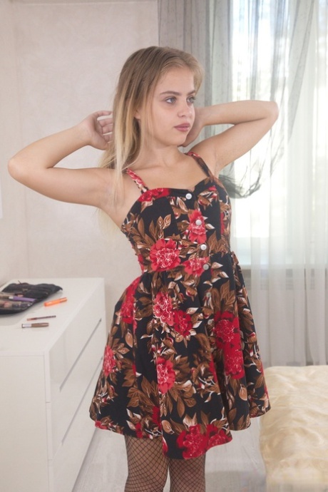 Tiny 18-year-old Monica A removes a pretty dress before sex with her boyfriend 35985307