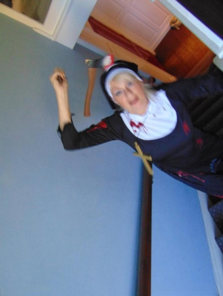 Mature amateur Dimonty removes a nun outfit while riding a hobbyhorse