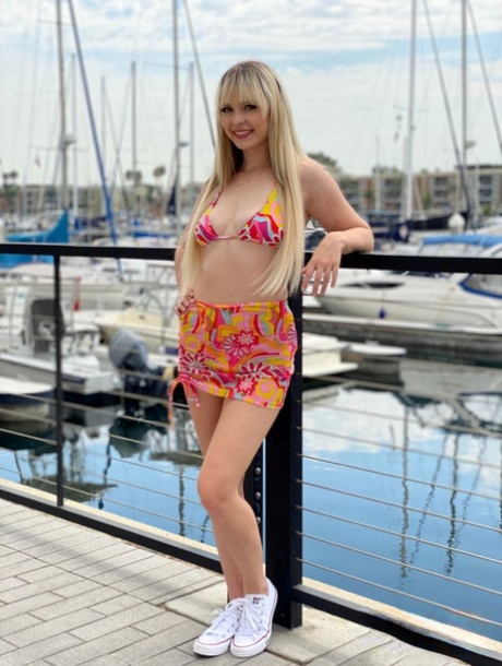 Blonde teen Lilly Bell models swimwear at a marina before POV creampie sex 99403143