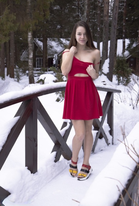 Young brunette Flamy Nika reveals her hot body on snow-covered ground 91567095