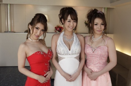 Three totally naked Japanese beauties don elegant evening wear 55581194